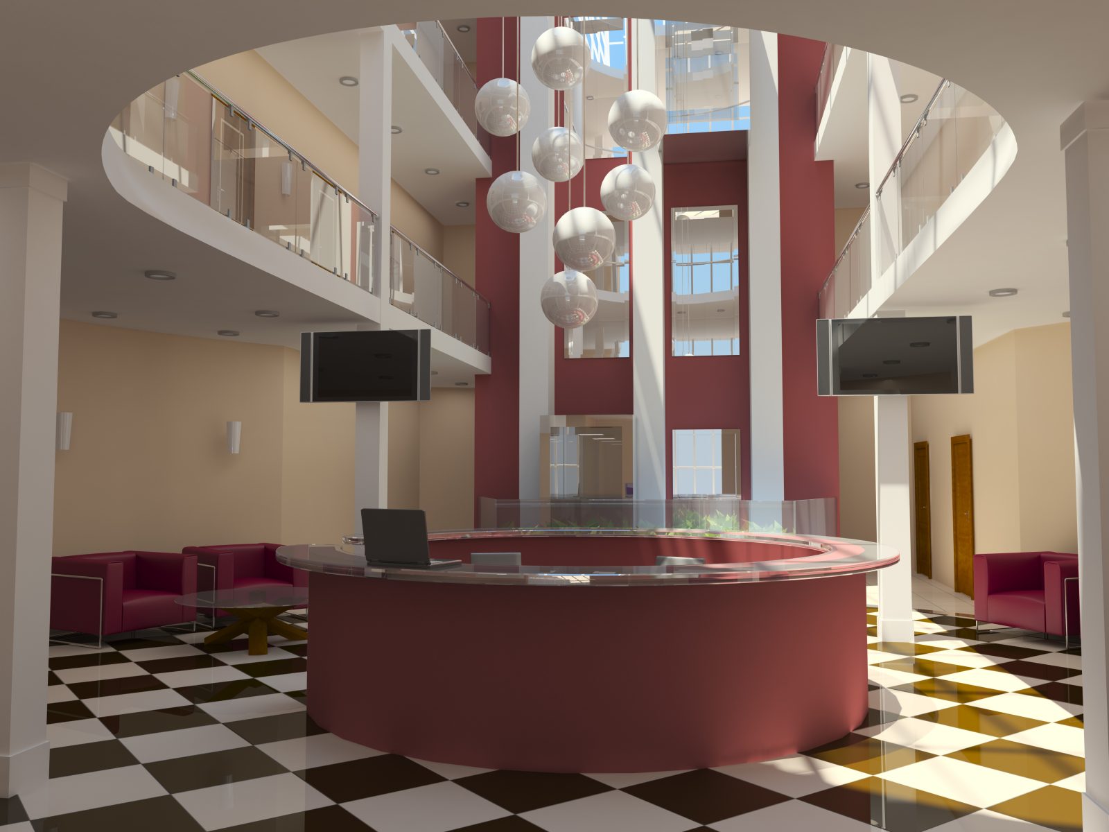 modern hotel lobby with red reception